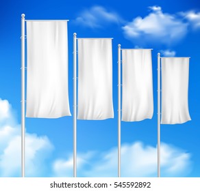 Four white blank pole flags set template for outdoor decor sale event advertisement sky background vector illustration 