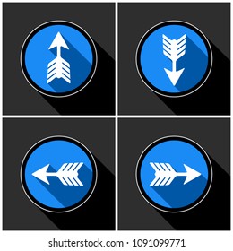 four white, blue arrows with black shadows in different directions in front of a dark gray background