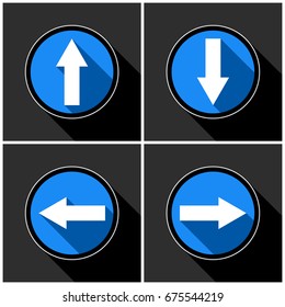 four white, blue arrows with black shadows in different directions in front of a dark gray background