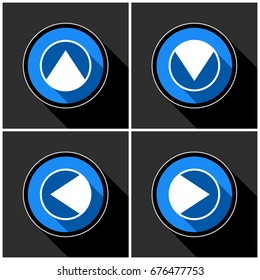 four white, blue arrows with black shadows - different directions in front of a dark gray background