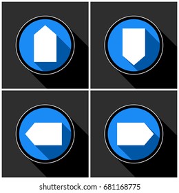 four white, blue arrows with black shadows - different directions in front of a dark gray background
