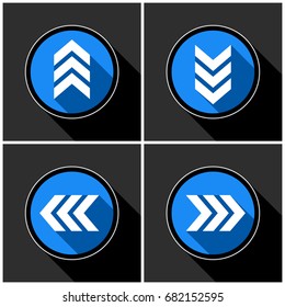 four white, blue arrows with black shadows - different directions in front of a dark gray background