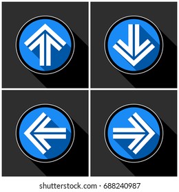 four white, blue arrows with black shadows in different directions in front of a dark gray background