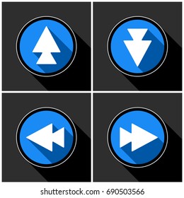 four white, blue arrows with black shadows - different directions in front of a dark gray background