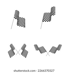 Four white and blue sport flags silhouettes for start and finish lines. Different form sample race flag emblems