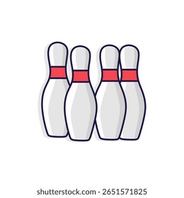 Four white bowling pins with red stripes. Perfect for bowling, sports, or game-related designs.