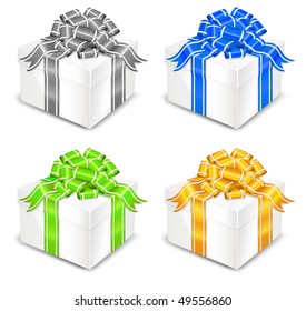 Four white boxes surprise with color tape, wrapper for gift, vector illustration