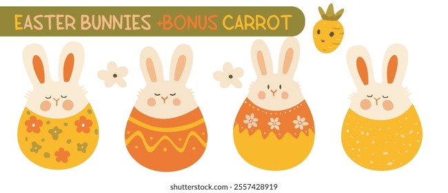 Four white bunnies with long ears sit inside colorful eggs with various patterns.  Perfect for Easter-themed designs, greeting cards, and children's illustrations.