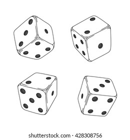 Four white cartoon-style dice cubes