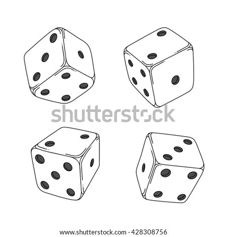 Four white cartoon-style dice cubes