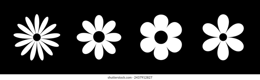 Four white chamomile round icon. White daisy camomile set line. Cute cartoon flower head plant collection. Love card symbol. Growing concept. Nature. Flat design. Isolated. Black background. Vector