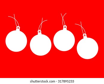 Four white Christmas balls on a red background