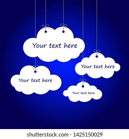 four white clouds tied with strings, with space for your text