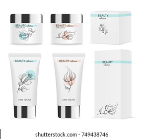 Four white cosmetic tubes with packs. Vector