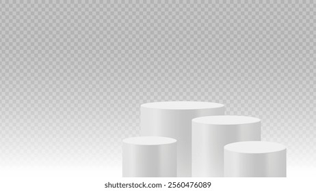 Four white cylindrical podiums in varied heights on a transparent background. Stage showcase platform vector.