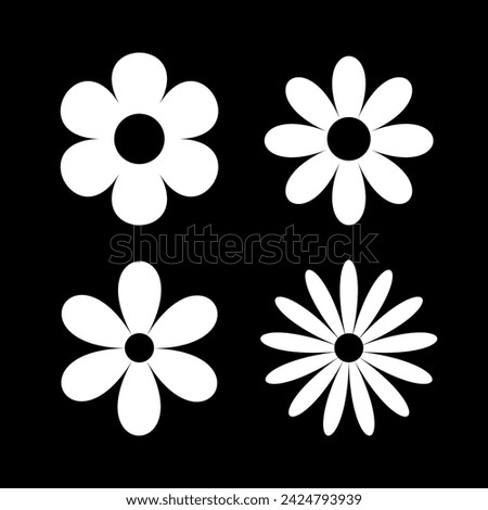 Four white daisy chamomile set line. Camomile round icon. Cute cartoon flower head plant collection. Nature style. Growing concept. Love card symbol. Flat design. Isolated. Black background. Vector