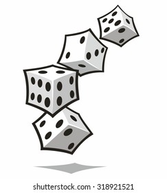 four white dice in an arc - stylized cartoon