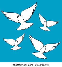 Four white doves, a symbol of peace on a blue background. Contour illustration.