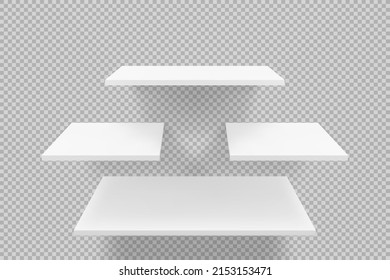 Four white empty book shelves on transparent background. Bookshelves with shadows. Vector illustration of 3D realistic blank storage or product display mockup. Template for exposition or retail