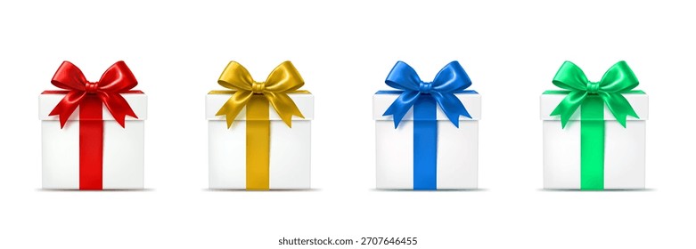 Vier weiße Geschenkboxen mit bunten Bändern und Schleifen auf weißem Hintergrund.