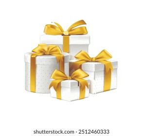 Four White Gift Boxes of Various Sizes Tied With Shiny Gold Ribbons.