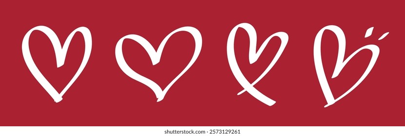 Four white heart illustrations on a red background. Each heart has a unique style. Simple heart designs. Red and white heart graphics. Valentine's element vector set.