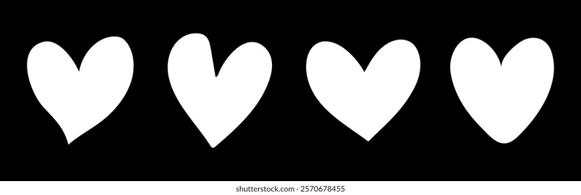 Four white heart shapes on a black background. Heart design, heart pattern. Simple heart illustration, perfect for love-themed projects. Valentine's element vector set.