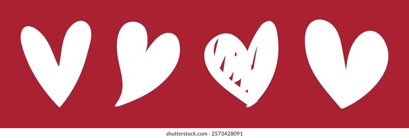 Four white heart shapes on a red background. Heart designs vary in style. Simple shapes. Red and white heme. Heart motifs for decoration. Valentine's element vector set.