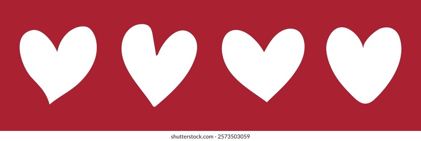 Four white hearts in a row on a red background. Simple heart pattern, repeating hearts. Heart design for love themes, heart decorations, heart motifs. Valentine's element vector set.