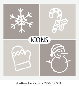 Four white icons on grey background showing snowflake candy cane mitten and snowman