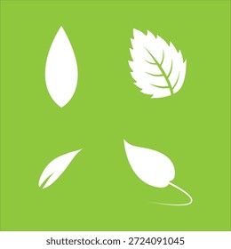 Four white leaf silhouettes on a green background, varying in shape and detail.