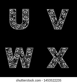 Four white outline letters with floral pattern isolated on black background