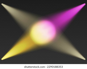 Four white, pink and yellow searchlights top view. Cone lights from bottom with darkened edges. Volumetric spotlight effect on dark background. Empty studio or concert scene. 3d rendering.