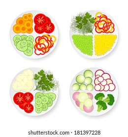 Four white plates with cucumbers, tomatoes, Brussels sprouts, radishes, carrots, onions, potatoes, bell peppers, green peas, corn, broccoli, dill and parsley