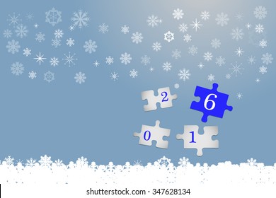 Four white puzzle pieces with numbers 2016. The part with number number six is in blue color. All is on the trendy blue gradient background with snowflakes and light.