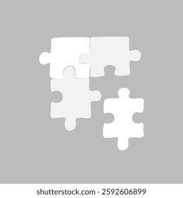 Four white puzzle pieces on a gray background, interlocking puzzle pieces, simple puzzle design, puzzle pieces arranged in a square formation. Vector illustration.