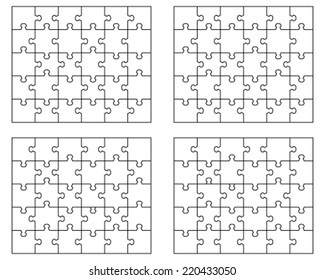 Four white puzzles with separate elements, vector illustration