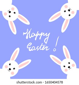 Four white rabbits on the purple background. Vector illustration. Happy Easter! 