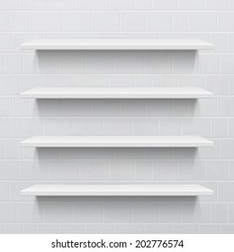 Four white realistic shelves against brick wall. Vector illustration