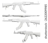 Four white rifles are shown in a row, each with a different angle. Concept of uniformity and standardization, as all the rifles are identical in design and color. 3D
