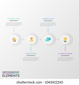 Four white round elements with colorful flat icons inside arranged into horizontal row and connected by arrows. Concept of 4 steps to success. Clean infographic design template. Vector illustration.