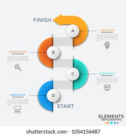 Four white round elements with letters and colorful arrow curving around them. Concept of 4-stepped successive development. Modern infographic design template. Vector illustration for presentation.