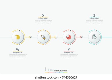 Four white round elements with thin line icons inside arranged in horizontal row and text boxes. Concept of 4 progressive steps to business success. Infographic design template. Vector illustration.