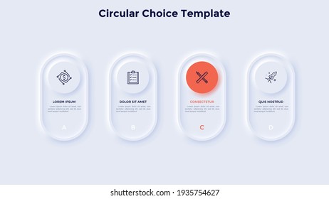 Four white rounded elements placed in horizontal row. Concept of 4 business goals to choose. Neumorphic infographic design template. Clean vector illustration for data analysis and visualization.