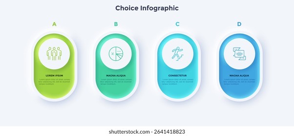Four white rounded elements placed in horizontal row. Concept of 4 business goals to choose. Neumorphic infographic design template. Clean vector illustration for data analysis and visualization.