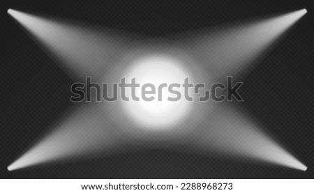 Four white searchlights top view. Cone lights from bottom with darkened edges. Volumetric spotlight effect on dark background. Empty studio or concert scene. 3d rendering.