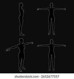 Quatro silhuetas brancas de uma mulher com braços estendidos estão sobre um fundo preto. As figuras realistas criam um contraste impressionante, enfatizando o movimento e a graça.