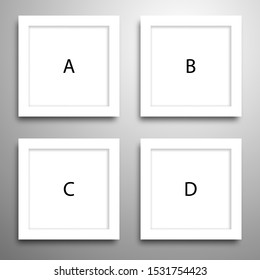Four white square frames with letters. Mockup for design with realistic shadows