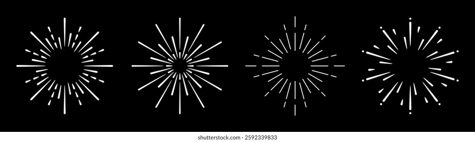 Four white starburst patterns on a black background. Starburst designs radiate outward. Each starburst is unique, creating a dynamic starburst effect. Festive elements, vector set.