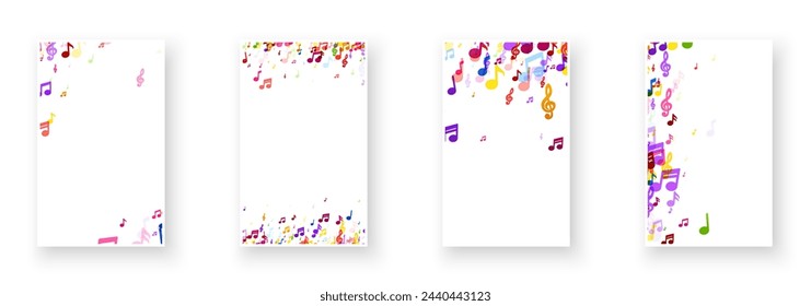 Cuatro banners verticales blancos, cada uno con una densidad y colocación diferente de notas musicales coloridas, ideales para detalles de eventos personalizados.